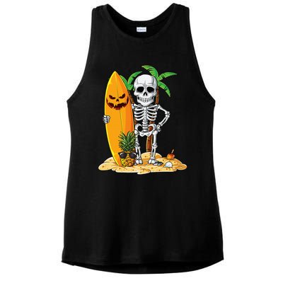 Skeleton Surfing Halloween Hawaii Hawaiian Surfer Ladies PosiCharge Tri-Blend Wicking Tank