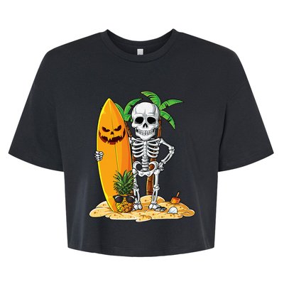 Skeleton Surfing Halloween Hawaii Hawaiian Surfer Bella+Canvas Jersey Crop Tee