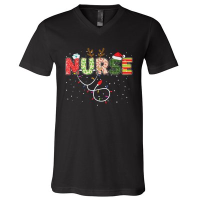 Stethoscope Santa Hat Reindeer Xmas Christmas Nurse V-Neck T-Shirt