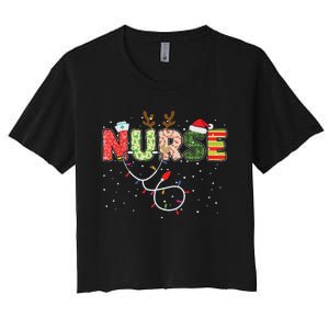 Stethoscope Santa Hat Reindeer Xmas Christmas Nurse Women's Crop Top Tee