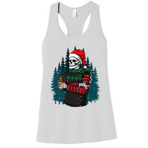 Skeleton Santa Hat Christmas Pajama Cool Skull Winter Drinking Beer Xmas Women's Racerback Tank