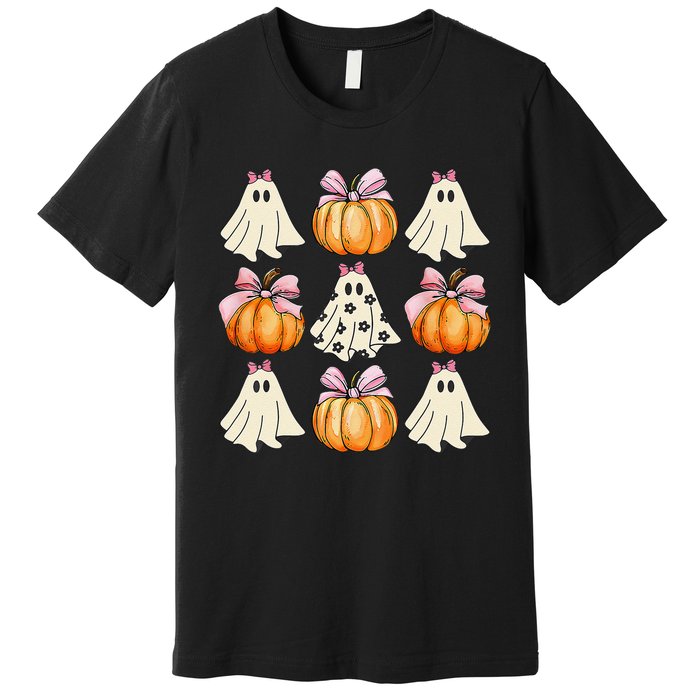 Spooky Season Halloween Ghost Pumpkin Ribbon Coquette Bow Gift Premium T-Shirt