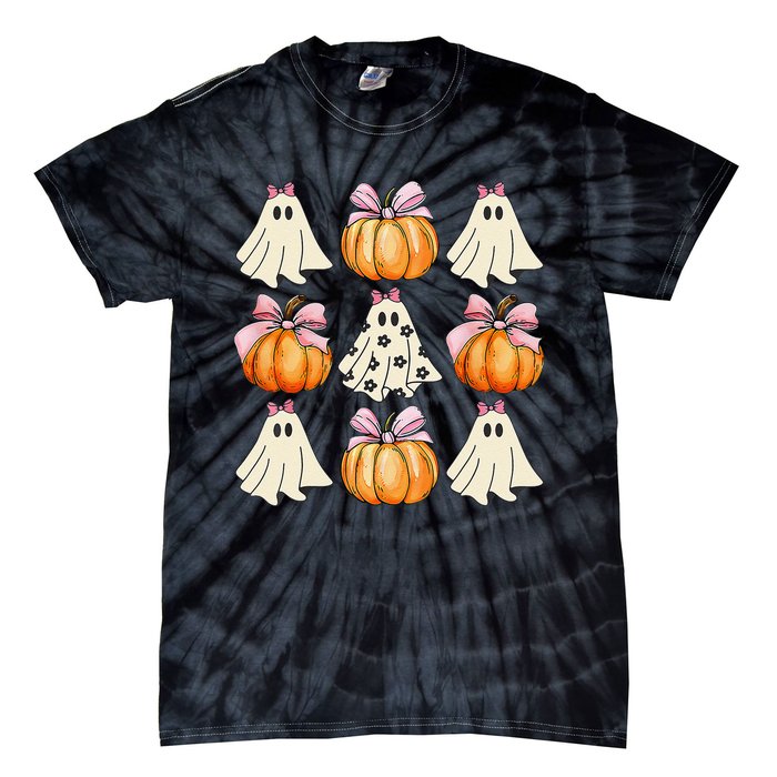 Spooky Season Halloween Ghost Pumpkin Ribbon Coquette Bow Gift Tie-Dye T-Shirt