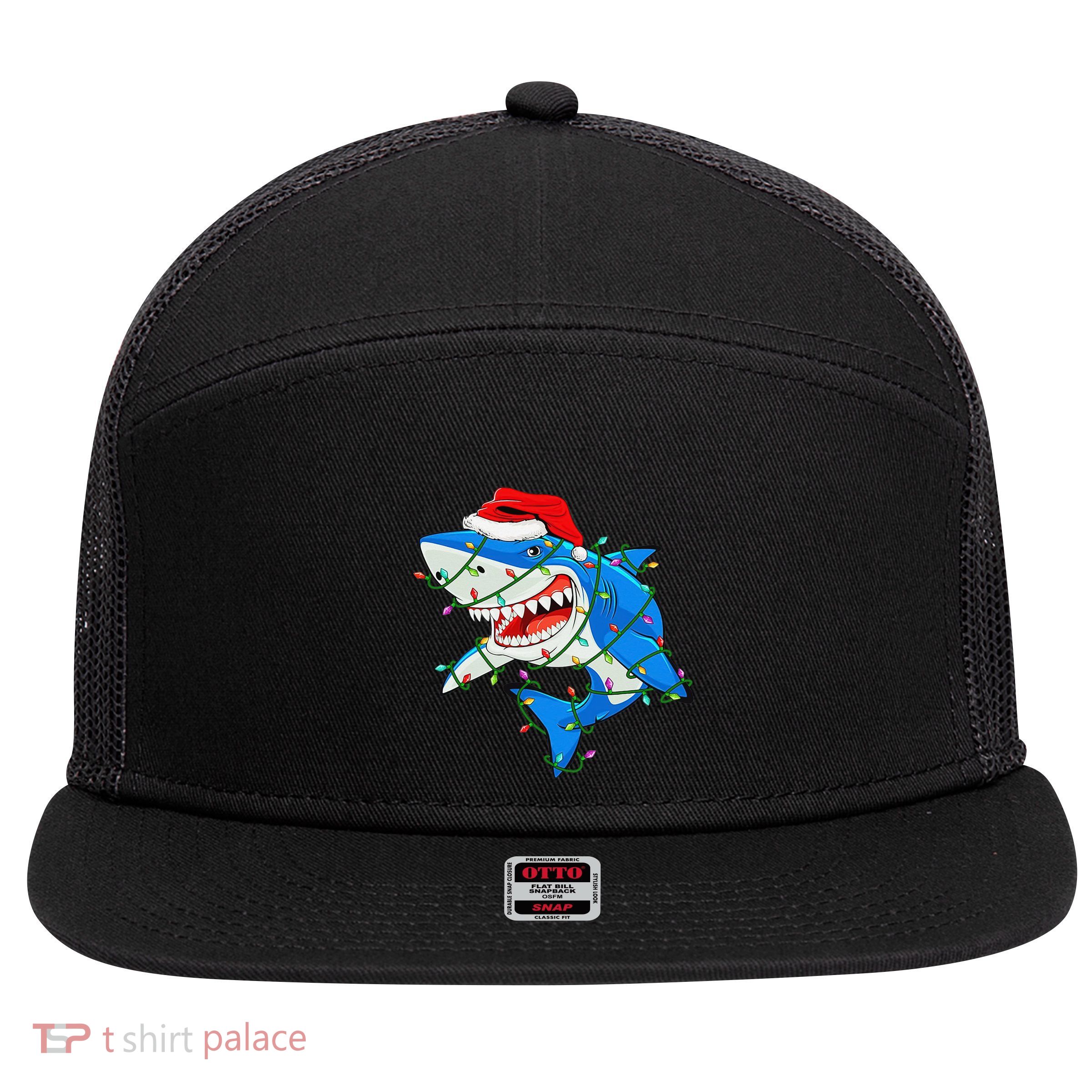 Shark Santa Hat Xmas Lights 7 Panel Mesh Trucker Snapback Hat