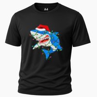 Shark Santa Hat Xmas Lights Cooling Performance Crew T-Shirt