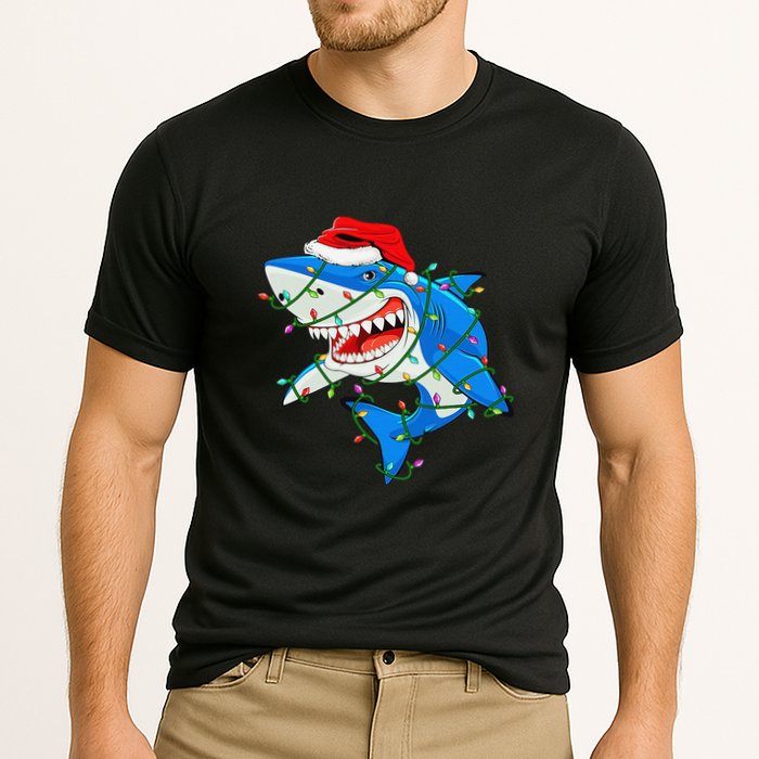 Shark Santa Hat Xmas Lights Cooling Performance Crew T-Shirt