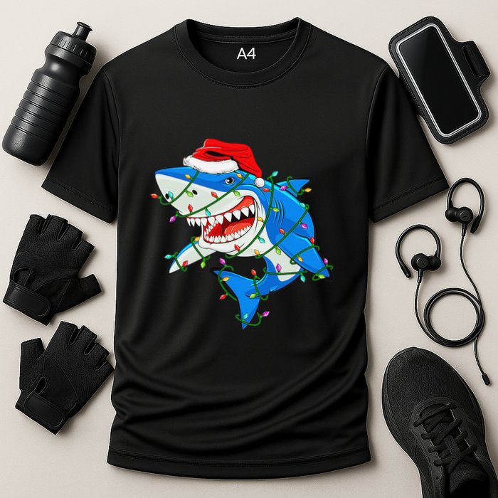 Shark Santa Hat Xmas Lights Cooling Performance Crew T-Shirt