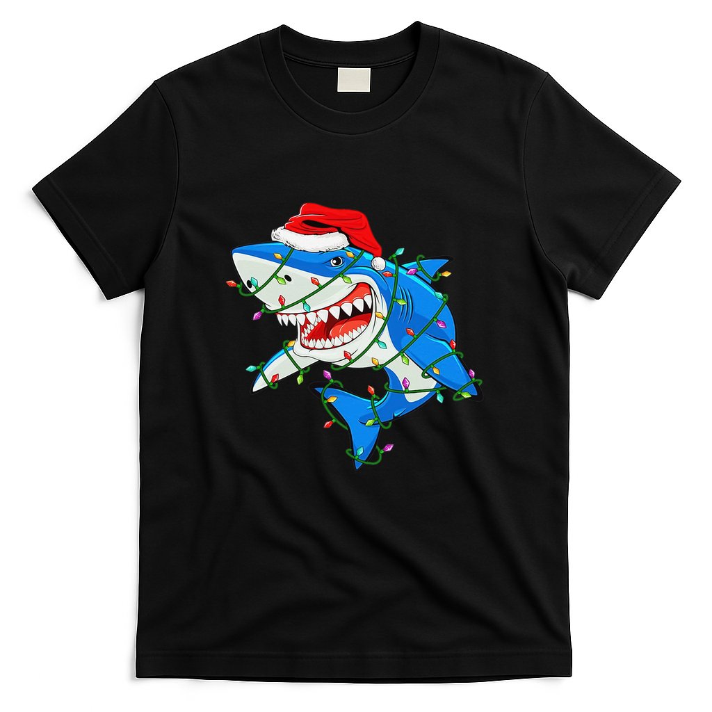 Shark Santa Hat Xmas Lights T-Shirt