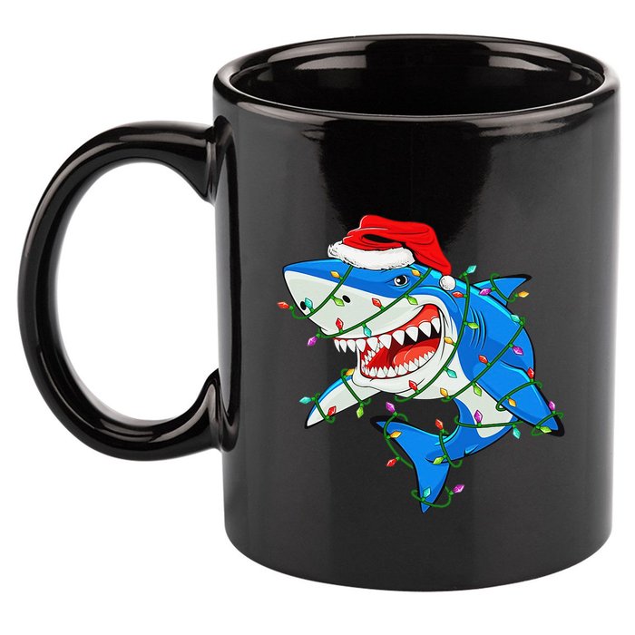 Shark Santa Hat Xmas Lights 11oz C Handle Ceramic Mug
