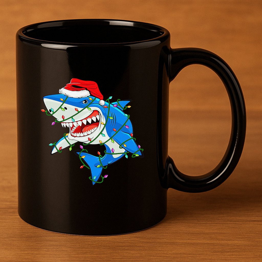 Shark Santa Hat Xmas Lights 11oz C Handle Ceramic Mug