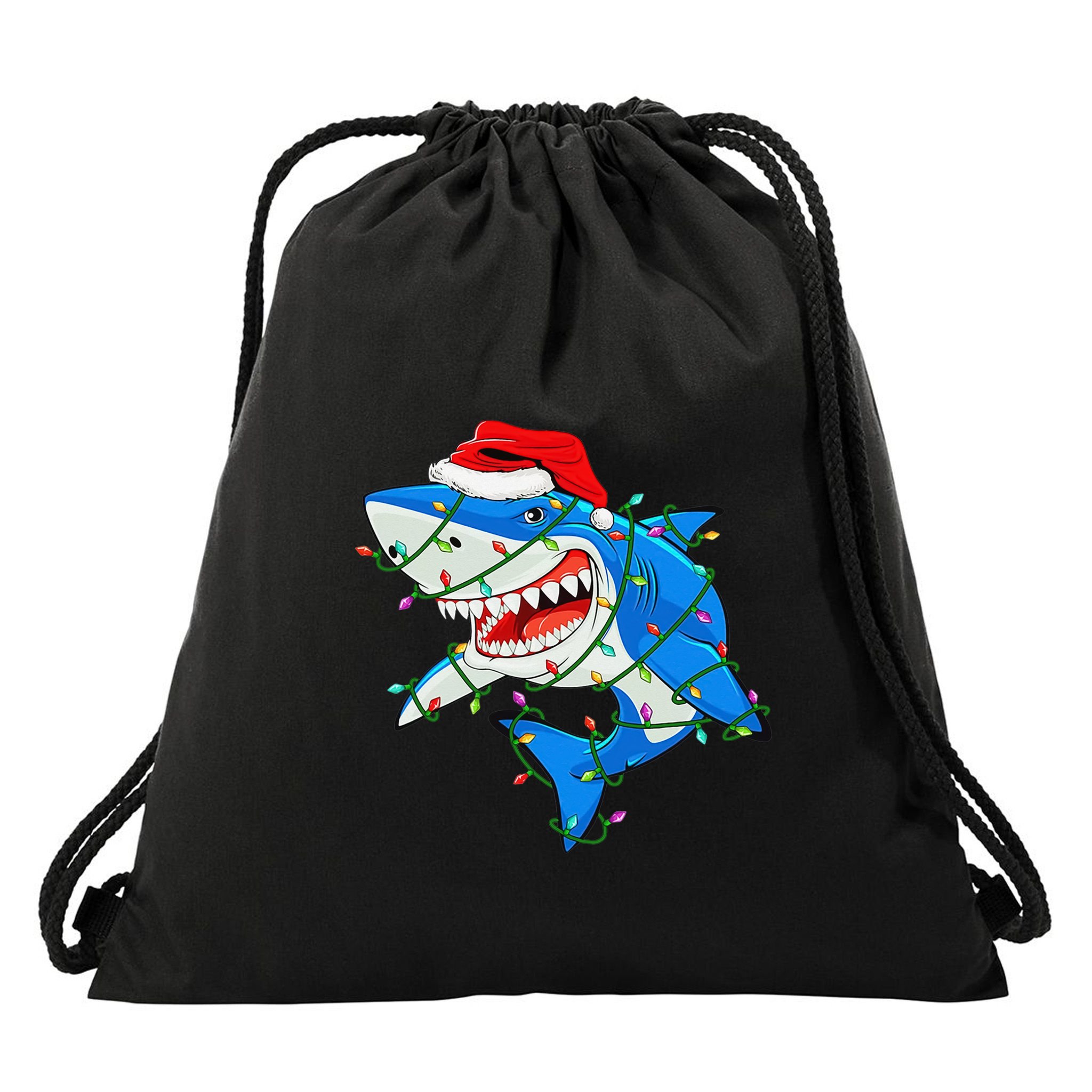 Shark Santa Hat Xmas Lights Drawstring Bag