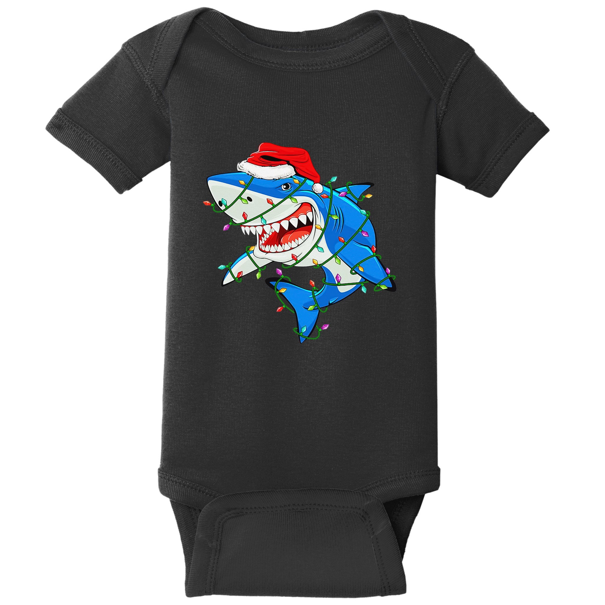 Shark Santa Hat Xmas Lights Baby Bodysuit