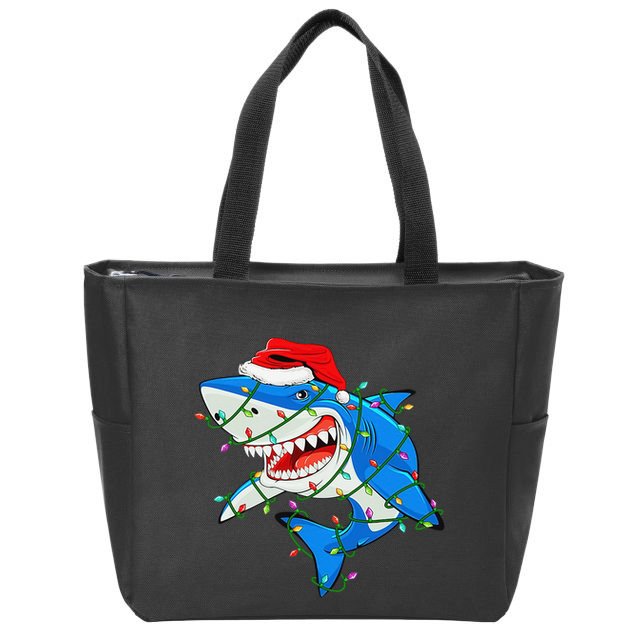 Shark Santa Hat Xmas Lights Zip Tote Bag