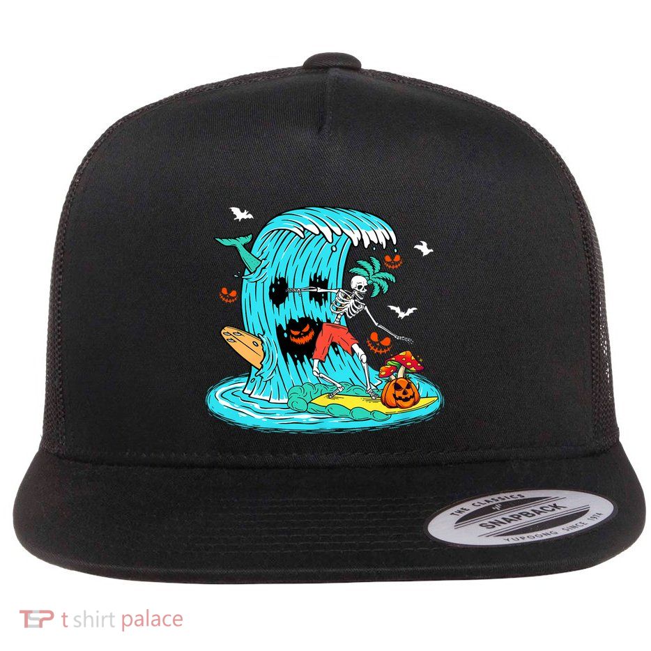 Skeleton Surfing Hawaiian Halloween Surfer Horror Pumpkin Flat Bill Trucker Hat