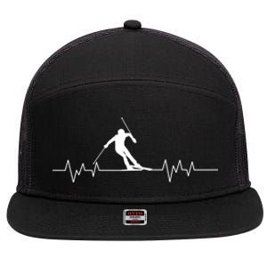 Skiing Ski Heartbeat For Skiers Gift 7 Panel Mesh Trucker Snapback Hat