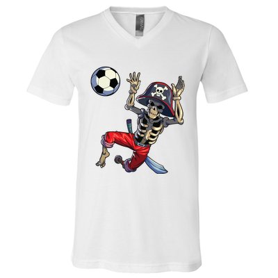 Soccer Skeleton Halloween Soccer Goalkeeper Pirate Halloween V-Neck T-Shirt