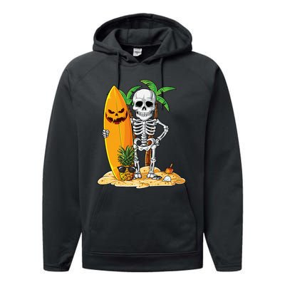 Skeleton Surfing Halloween Hawaii Hawaiian Surfer Performance Fleece Hoodie