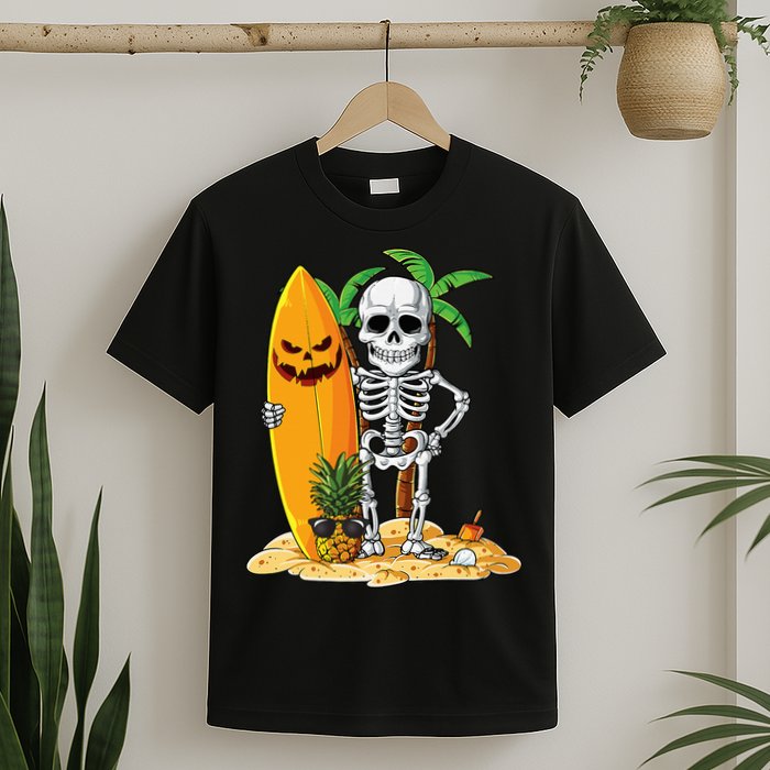 Skeleton Surfing Halloween Hawaii Hawaiian Surfer T-Shirt