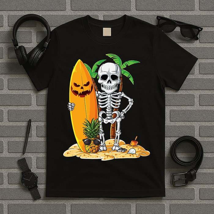 Skeleton Surfing Halloween Hawaii Hawaiian Surfer T-Shirt