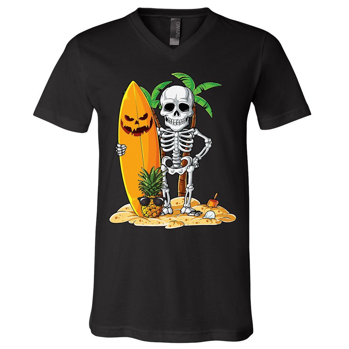 Skeleton Surfing Halloween Hawaii Hawaiian Surfer V-Neck T-Shirt