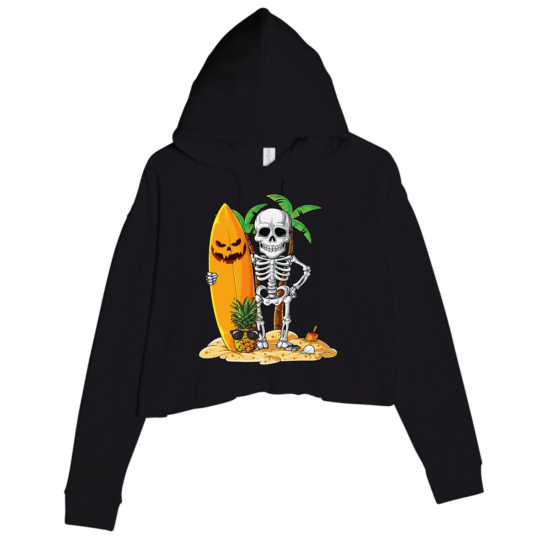 Skeleton Surfing Halloween Hawaii Hawaiian Surfer Crop Fleece Hoodie