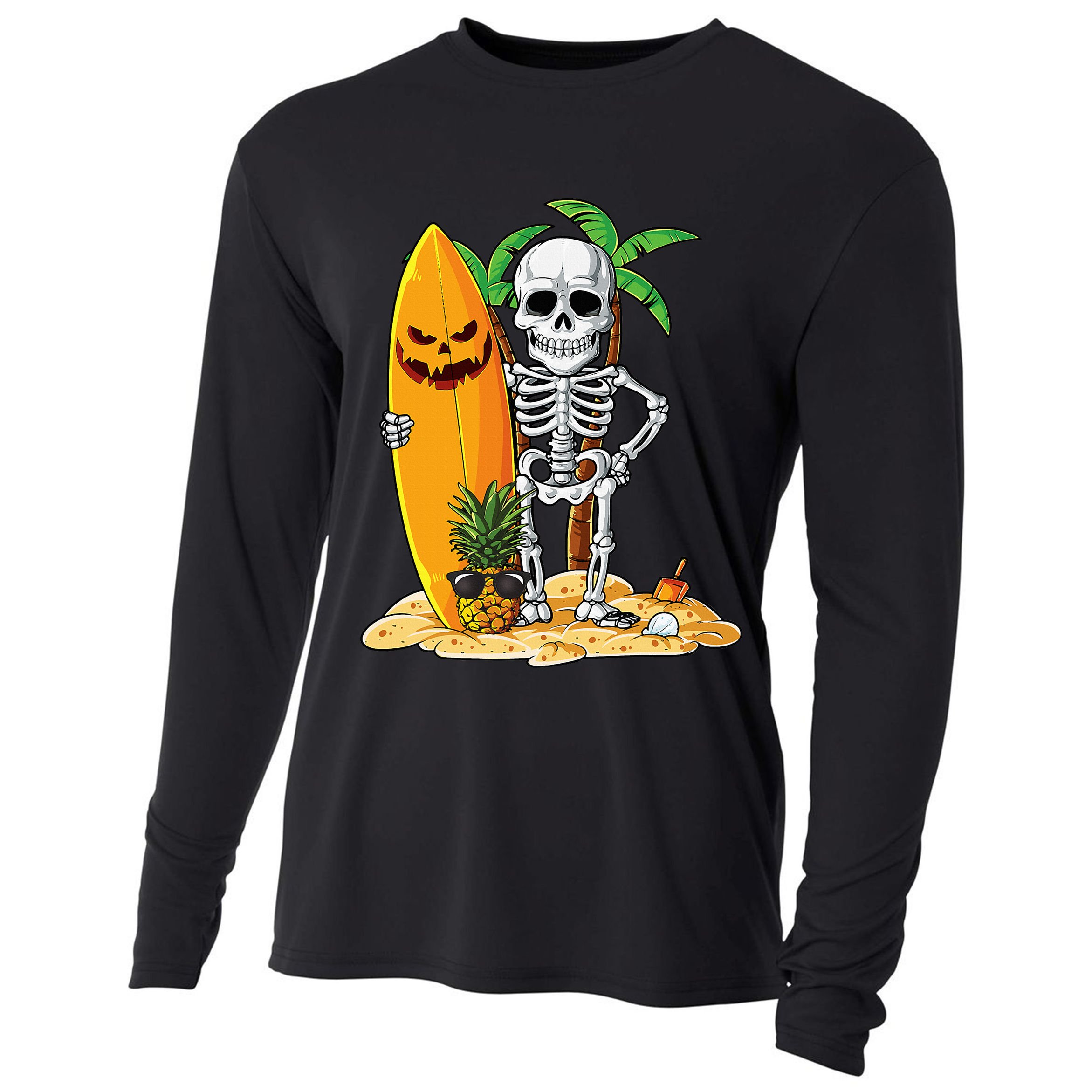 Skeleton Surfing Halloween Hawaii Hawaiian Surfer Cooling Performance Long Sleeve Crew