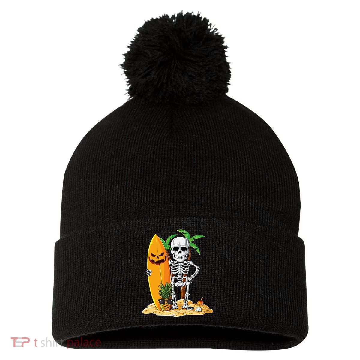 Skeleton Surfing Halloween Hawaii Hawaiian Surfer Pom Pom 12in Knit Beanie