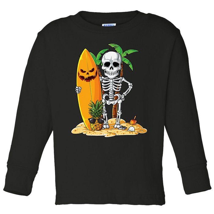 Skeleton Surfing Halloween Hawaii Hawaiian Surfer Toddler Long Sleeve Shirt