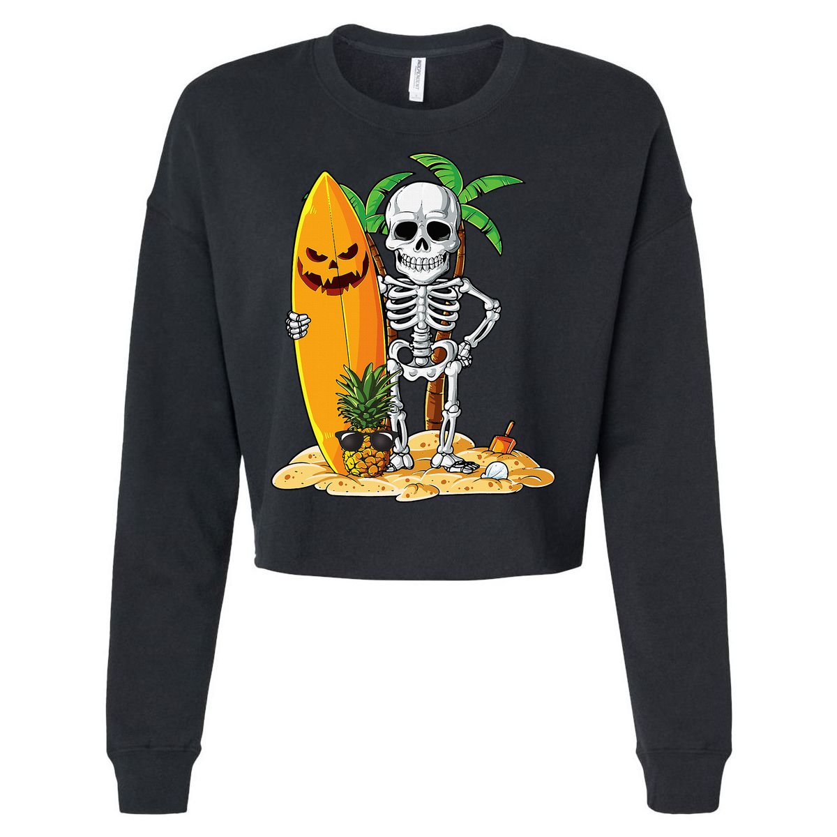 Skeleton Surfing Halloween Hawaii Hawaiian Surfer Cropped Pullover Crew