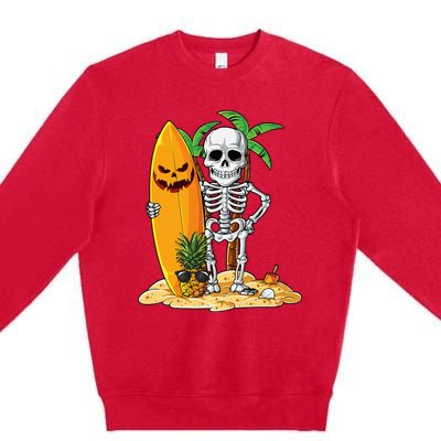 Skeleton Surfing Halloween Hawaii Hawaiian Surfer Premium Crewneck Sweatshirt