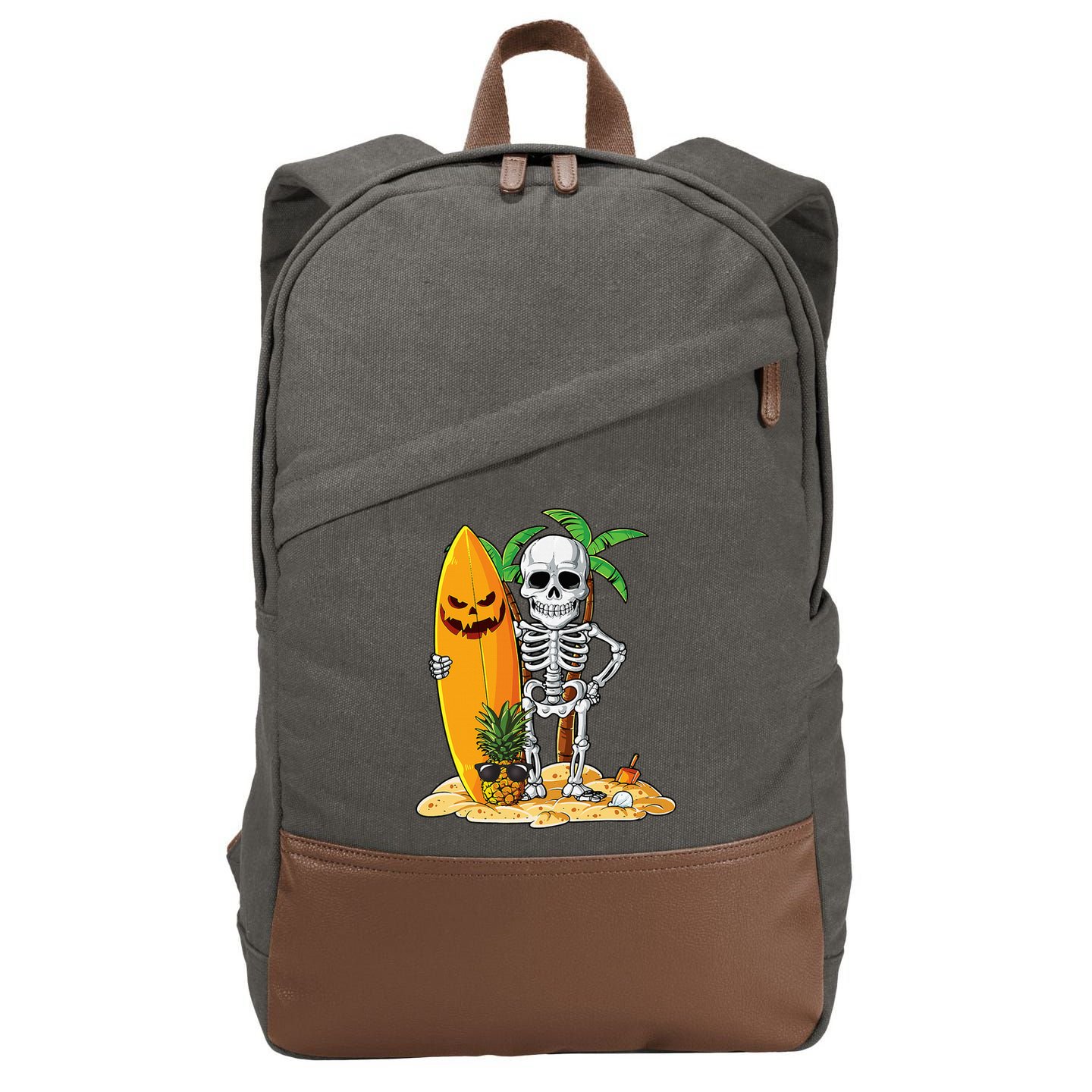 Skeleton Surfing Halloween Hawaii Hawaiian Surfer Cotton Canvas Backpack