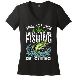 Smoking Solves Half Of My Problems Fishing Solves Outdoor Women's V-Neck T-Shirt