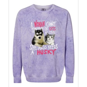 S Siberian Husky Dog And Cats Long Sleeve Colorblast Crewneck Sweatshirt