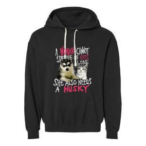 S Siberian Husky Dog And Cats Long Sleeve Garment-Dyed Fleece Hoodie