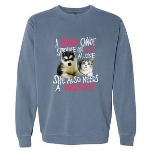 S Siberian Husky Dog And Cats Long Sleeve Garment-Dyed Sweatshirt