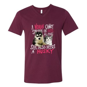 S Siberian Husky Dog And Cats Long Sleeve V-Neck T-Shirt