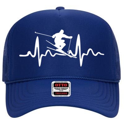 Skiing Skier Heartbeat Gift High Crown Mesh Back Trucker Hat