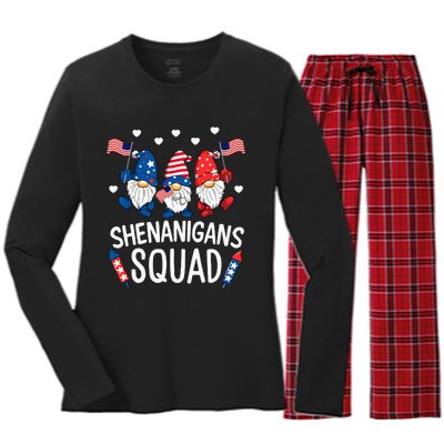 Shenanigans Squad Happy 4th Of July Funny Gnome Patriotic Women's Long Sleeve Flannel Pajama Set 