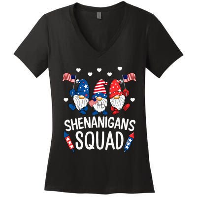 Shenanigans Squad Happy 4th Of July Funny Gnome Patriotic Women's V-Neck T-Shirt