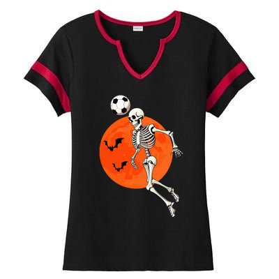 Soccer Skeleton Heading Ball Soccer Player Halloween Moon Ladies Halftime Notch Neck Tee