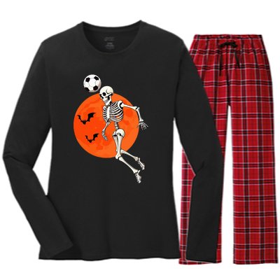 Soccer Skeleton Heading Ball Soccer Player Halloween Moon Women's Long Sleeve Flannel Pajama Set 