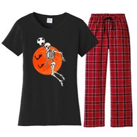 Soccer Skeleton Heading Ball Soccer Player Halloween Moon Women's Flannel Pajama Set