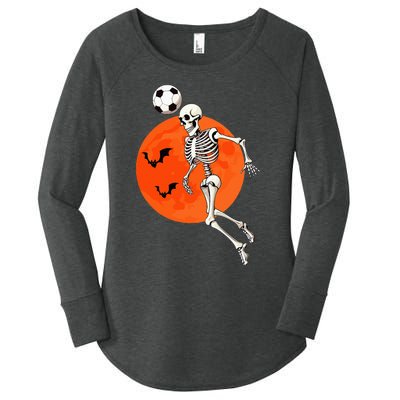 Soccer Skeleton Heading Ball Soccer Player Halloween Moon Women's Perfect Tri Tunic Long Sleeve Shirt