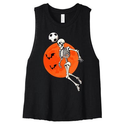 Soccer Skeleton Heading Ball Soccer Player Halloween Moon Women's Racerback Cropped Tank