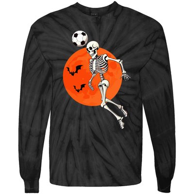 Soccer Skeleton Heading Ball Soccer Player Halloween Moon Tie-Dye Long Sleeve Shirt