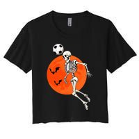 Soccer Skeleton Heading Ball Soccer Player Halloween Moon Women's Crop Top Tee