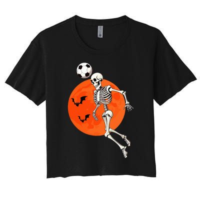 Soccer Skeleton Heading Ball Soccer Player Halloween Moon Women's Crop Top Tee