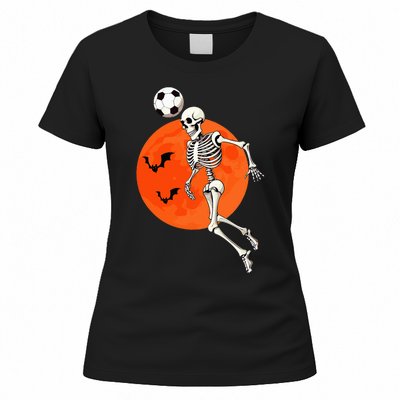 Soccer Skeleton Heading Ball Soccer Player Halloween Moon Women's T-Shirt