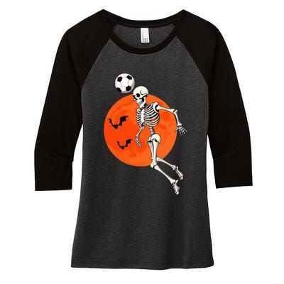 Soccer Skeleton Heading Ball Soccer Player Halloween Moon Women's Tri-Blend 3/4-Sleeve Raglan Shirt