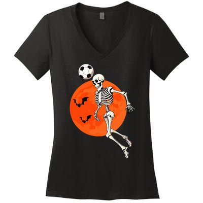 Soccer Skeleton Heading Ball Soccer Player Halloween Moon Women's V-Neck T-Shirt